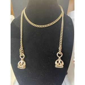 Vtg Lariat Necklace Belt Gold Tone Tassel Chain Fob 36”